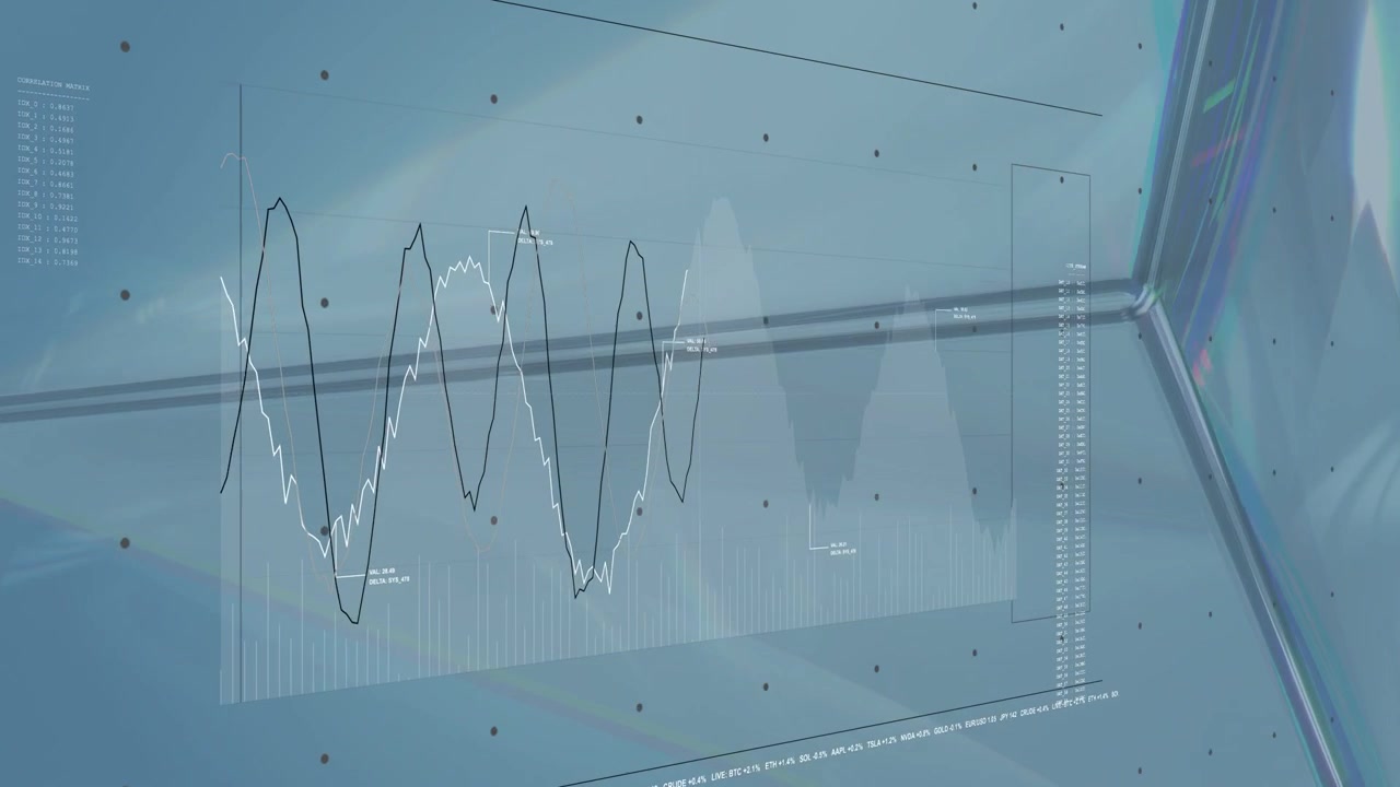 Diagonal band sweeping spurring two waveforms growing across translucent chart, revealing HUD data