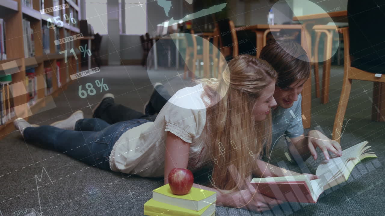 animación de diagramas y procesamiento de datos sobre estudiantes caucásicos que aprenden en la biblioteca