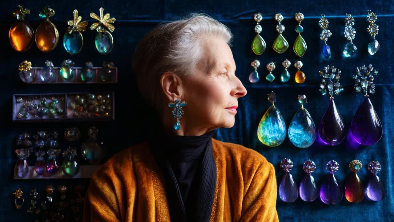 Graceful Elegance: A Portrait of Timeless Beauty Surrounded by Dazzling Jewelry, Showcasing a Stunning Array of Colorful Earrings and Accessories Against a Rich Blue Background