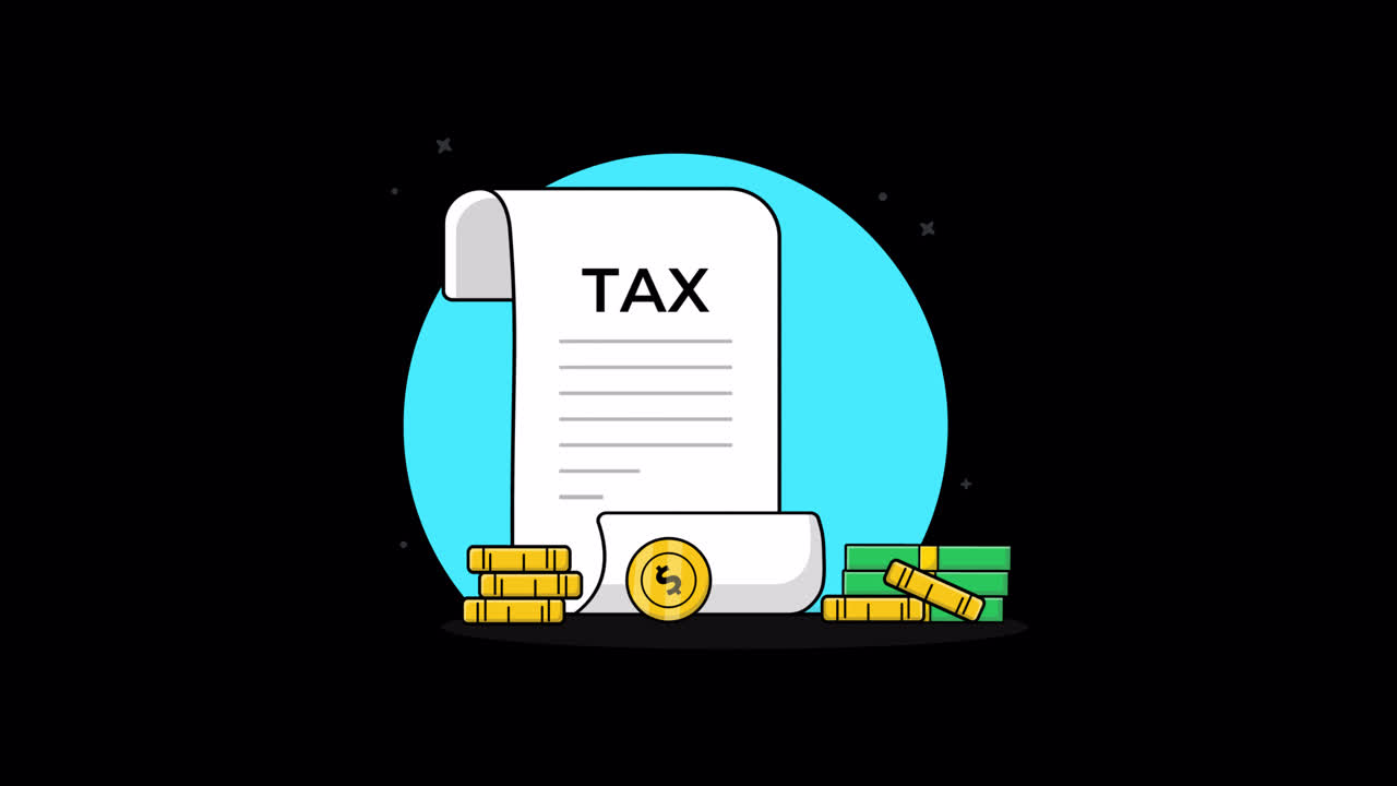 Illustrazione animata di documento fiscale con denaro e monete