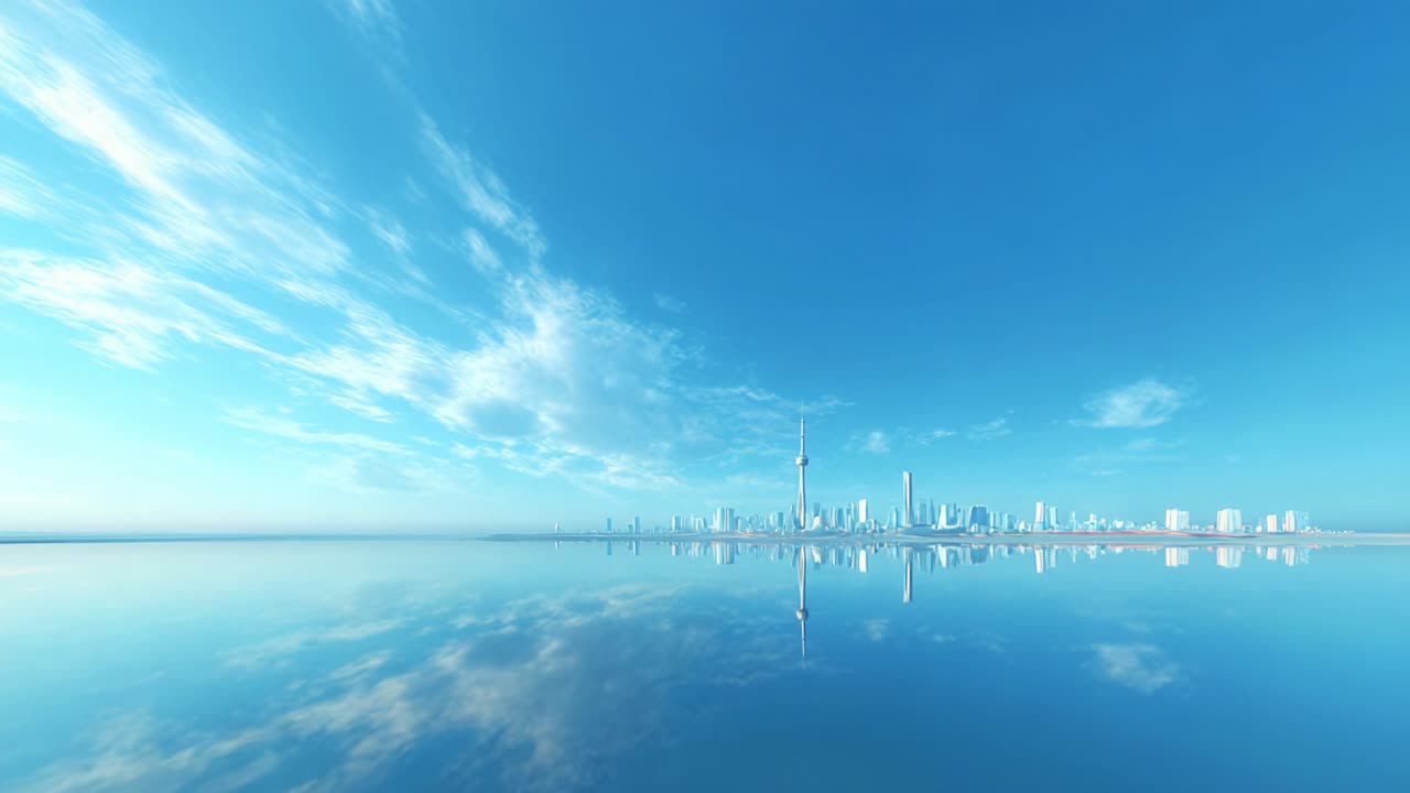 A Stunning Panoramic View of a Modern City Skyline Reflected in Calm Waters Under a Bright Blue Sky with Fluffy Clouds, Showcasing Architectural Beauty and Serenity