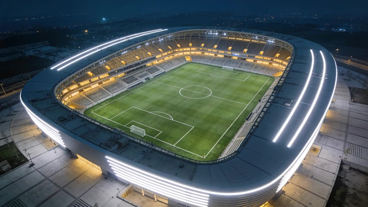 Telecamera orbitante che rivela uno stadio di calcio rettangolare di notte, mettendo in mostra un tetto a LED e un campo vuoto.