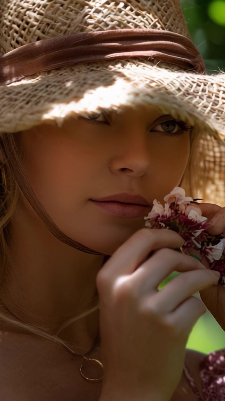 Bellezza serena: un primo piano di una giovane donna con un cappello da sole, che tiene delicatamente dei fiori mentre sperimenta la tranquillità e il calore della natura sotto il sole.