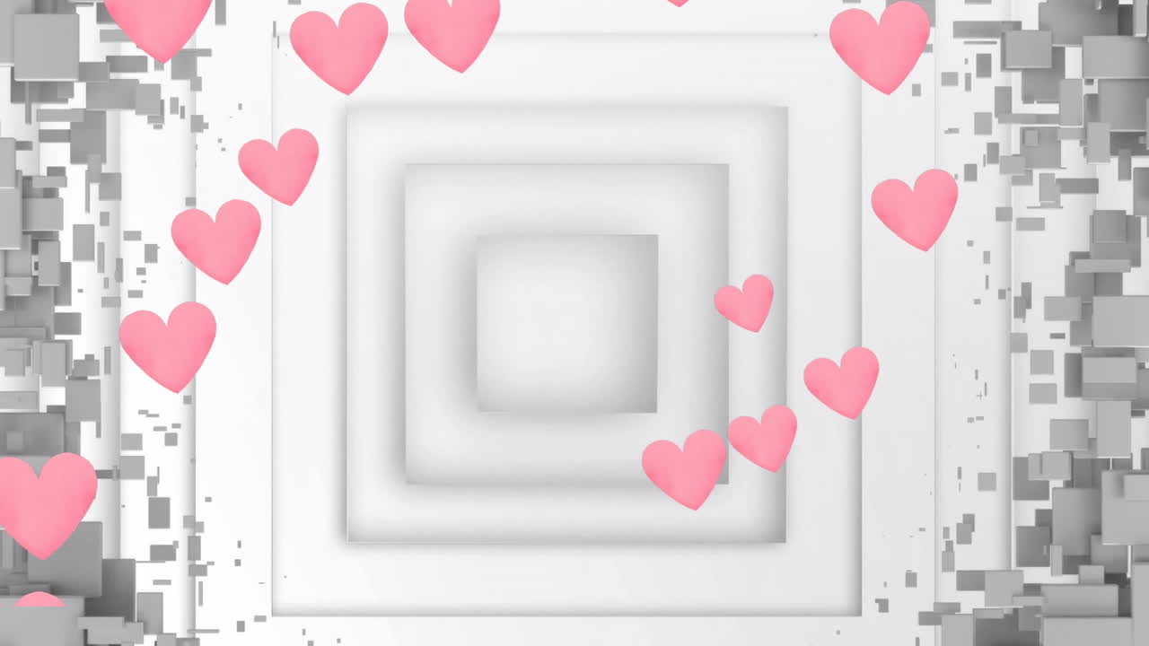 색 바탕에 동심 사각형에 대해 떠다니는 여러 개의 분홍색 심장