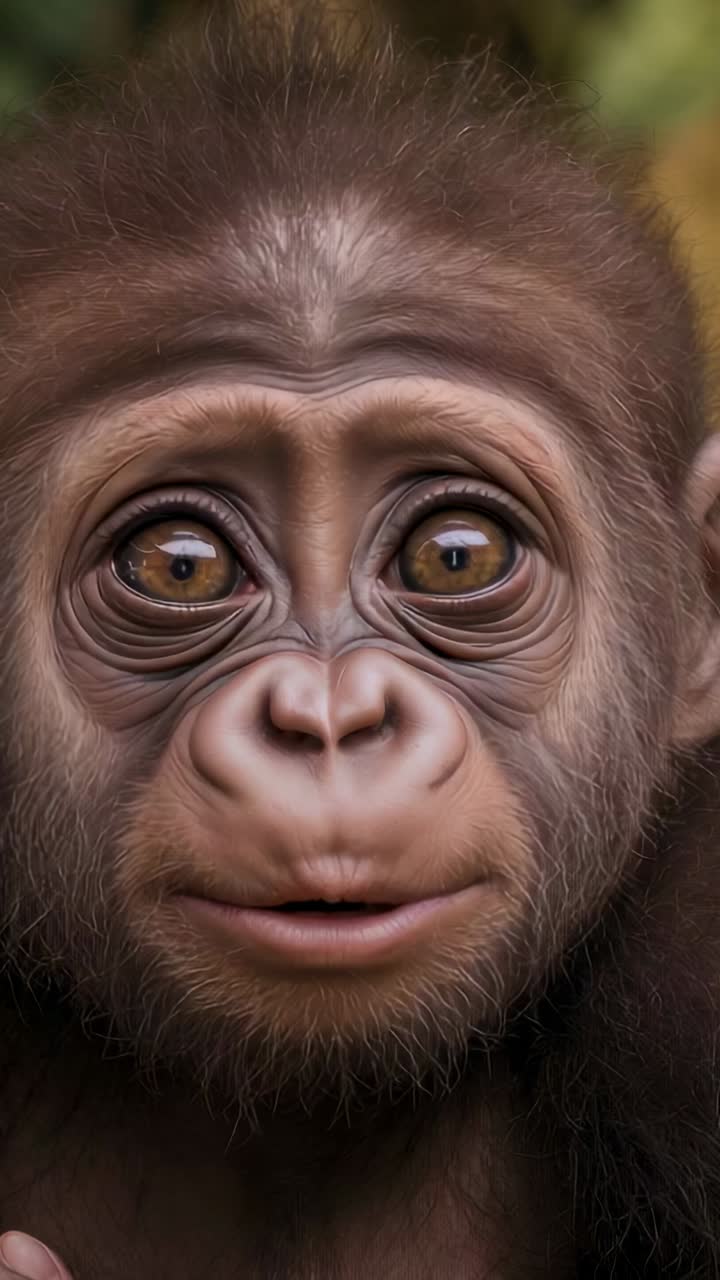 Video verticale: reazione alla telecamera di un cucciolo di gorilla che apre la bocca nella foresta, mostrando i denti da latte