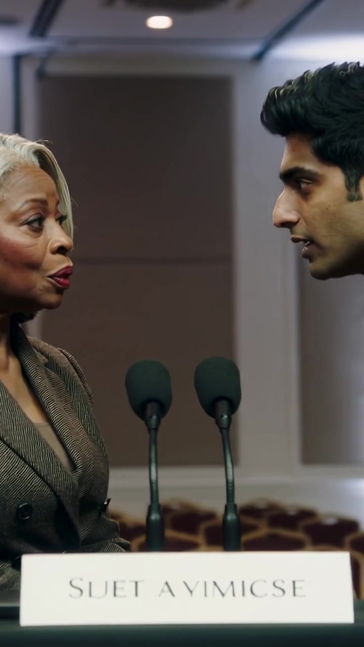 Vertical video: Leaning suited man addressing senior woman in gray blazer at panel, mics nameplate