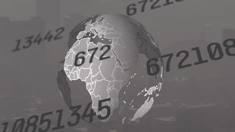 Animation of changing numbers and rotating globe over aerial view of modern city against sky