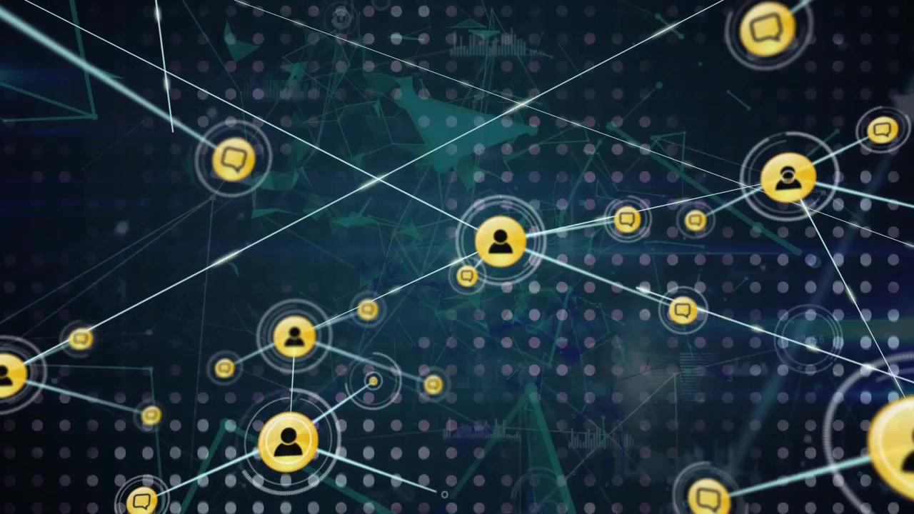 Animation of network of connections with icons over shapes