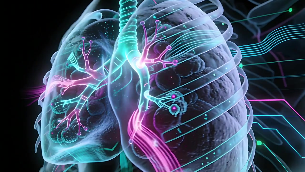 Animating lungs reacting to signal pulse, pulsing and expanding in chest with neon bronchial glow
