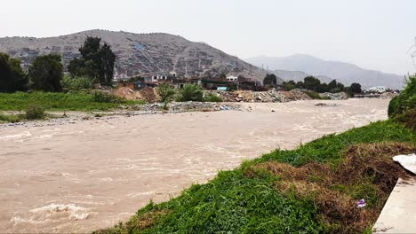 polluted rimac river in lima, perú with a flock of gulls passing by