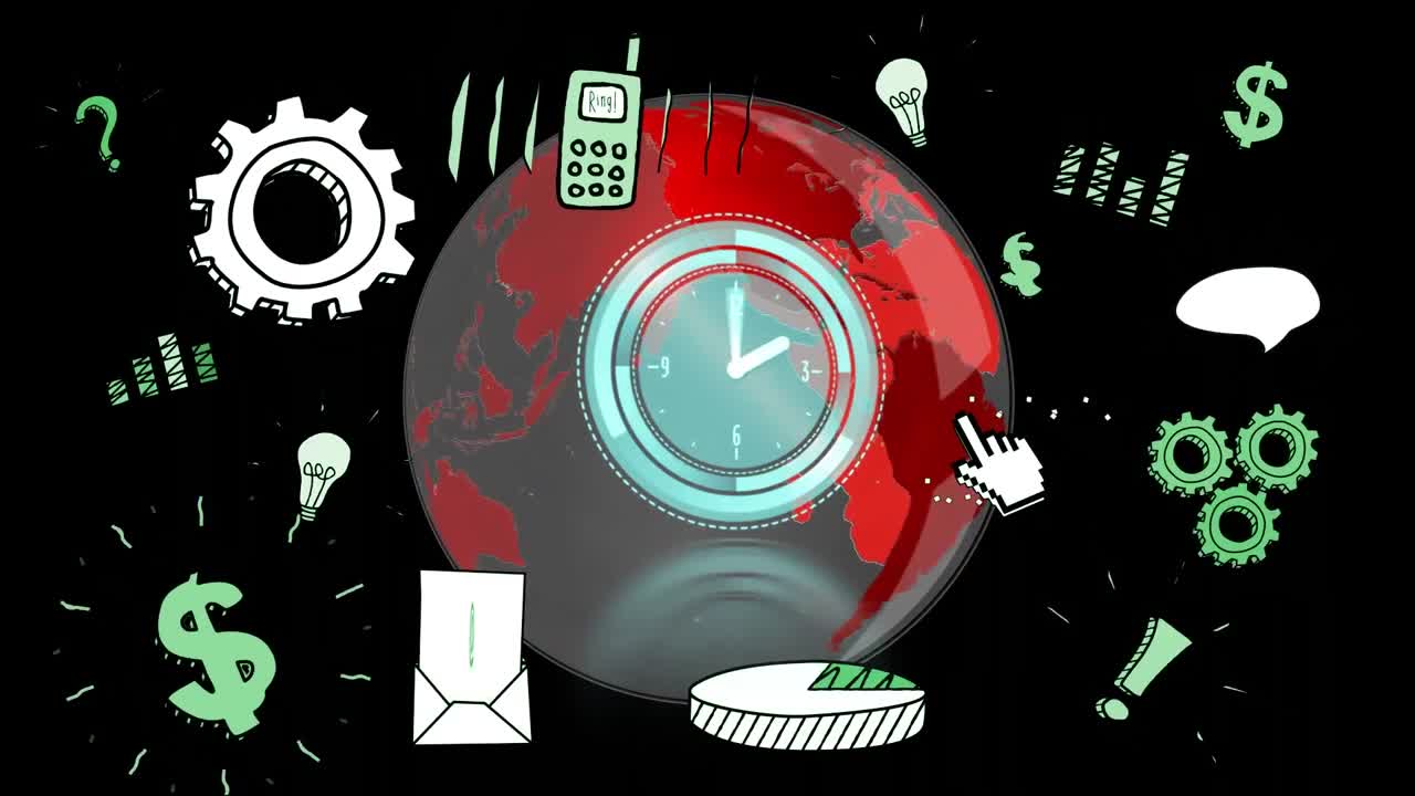 Animation of globe, clock and diverse icons on black background