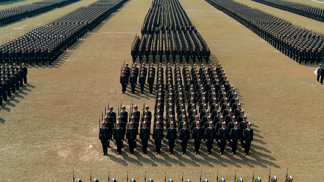 Massive military formation of uniformed soldiers on a field