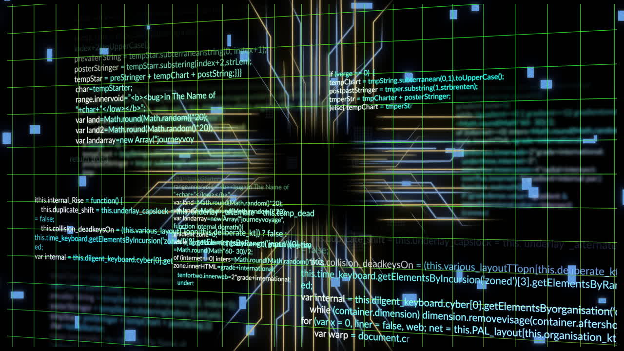 Programming code and data processing animation over grid lines and light beams