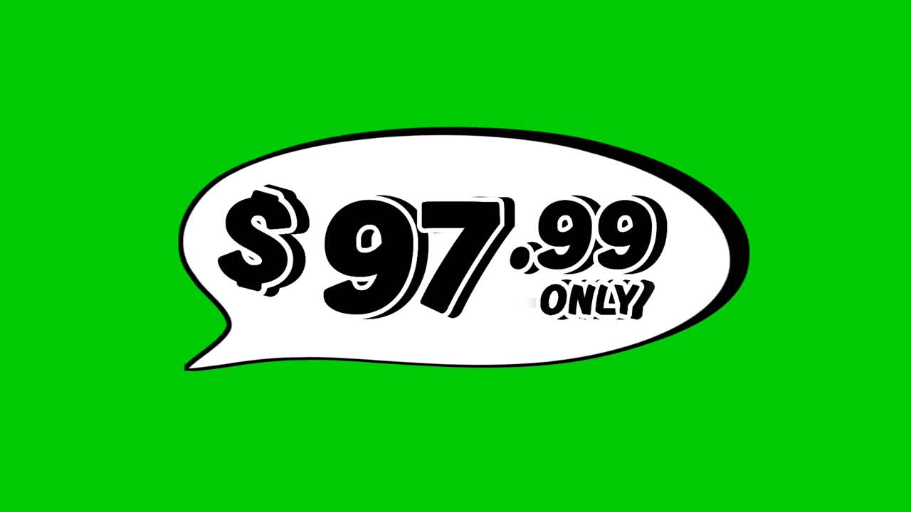 $97.99 price tag in speech bubble animation motion graphics on green screen background. Perfect for ads, e-commerce, retail, discounts, and promotion business concept video element
