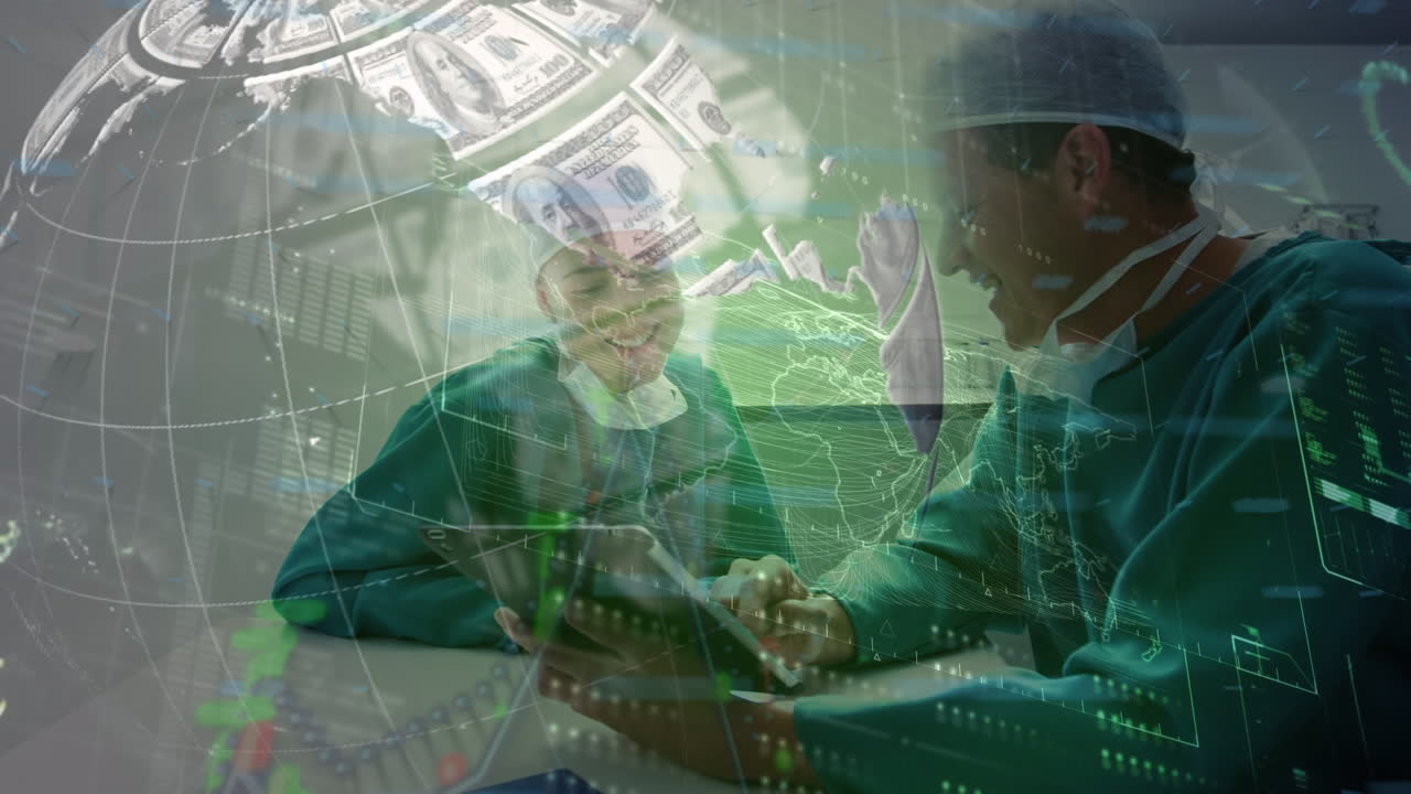 병원에서 디지털 태블릿을 사용하는 남성과 여성 외과 의사에 대해 회전하는 미국 달러의 세계