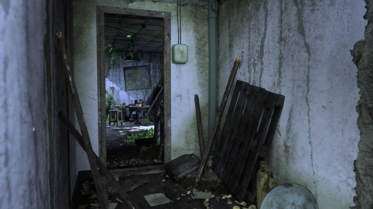 Abandoned corridor shows nature reclaiming a dilapidated building