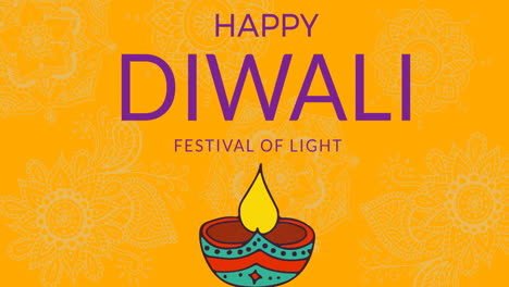 animación de feliz texto de diwali y vela en fondo naranja