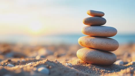 balanced stones on the beach at sunset