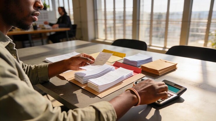Sollevamento di una ricevuta, uomo con camicia color oliva che smista e calcola per l'archiviazione a un tavolo, buste, spazio per il testo