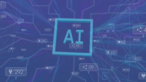 Animation-Von-KI-Text,-Quadrat-Im-Gehirn-Mit-Benachrichtigungsleisten-über-Abstraktem-Hintergrund