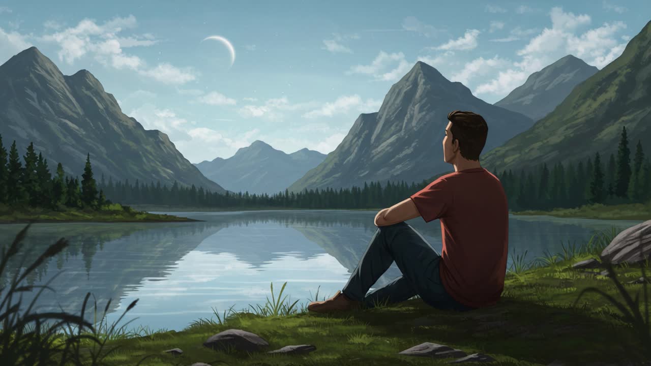 A Tranquil Reflection: A Young Man Sitting by a Serene Lake Amidst Majestic Mountains Under a Partial Eclipse, Embracing Nature's Beauty in Stillness
