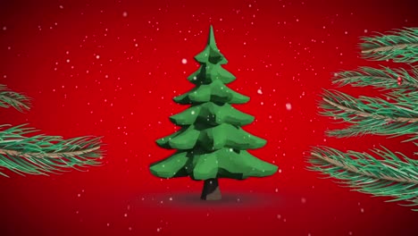 Animation-of-turning-christmas-tree-and-snow-falling-on-red-background