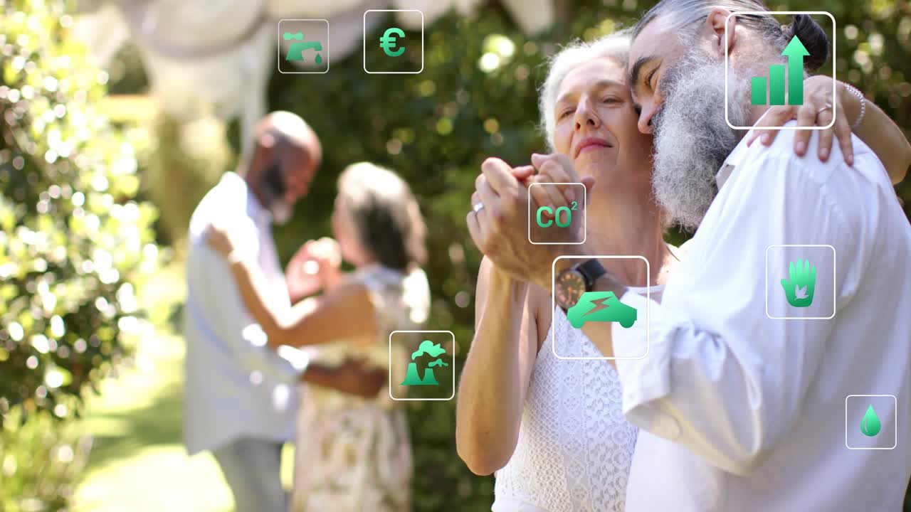 Bearded man smiling in garden, green icons linking scenes, group chopping serving for eco goals