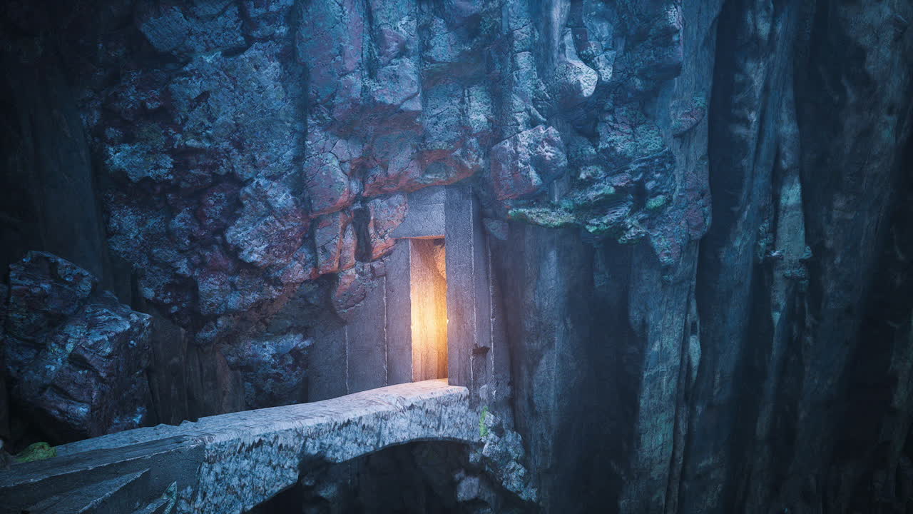 Mysterious glowing door in rocky canyon at twilight with vibrant colors