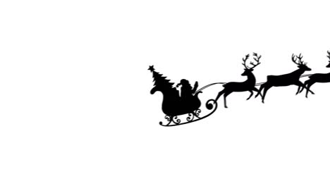 Animation-Der-Schwarzen-Silhouette-Des-Weihnachtsmanns-Und-Des-Weihnachtsbaums-Im-Schlitten,-Der-Von-Rentieren-Gezogen-Wird