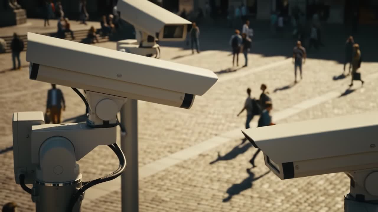 Surveillance Technology in Urban Spaces: A Close-Up View of Security Cameras Monitoring Pedestrians in a Busy Public Area