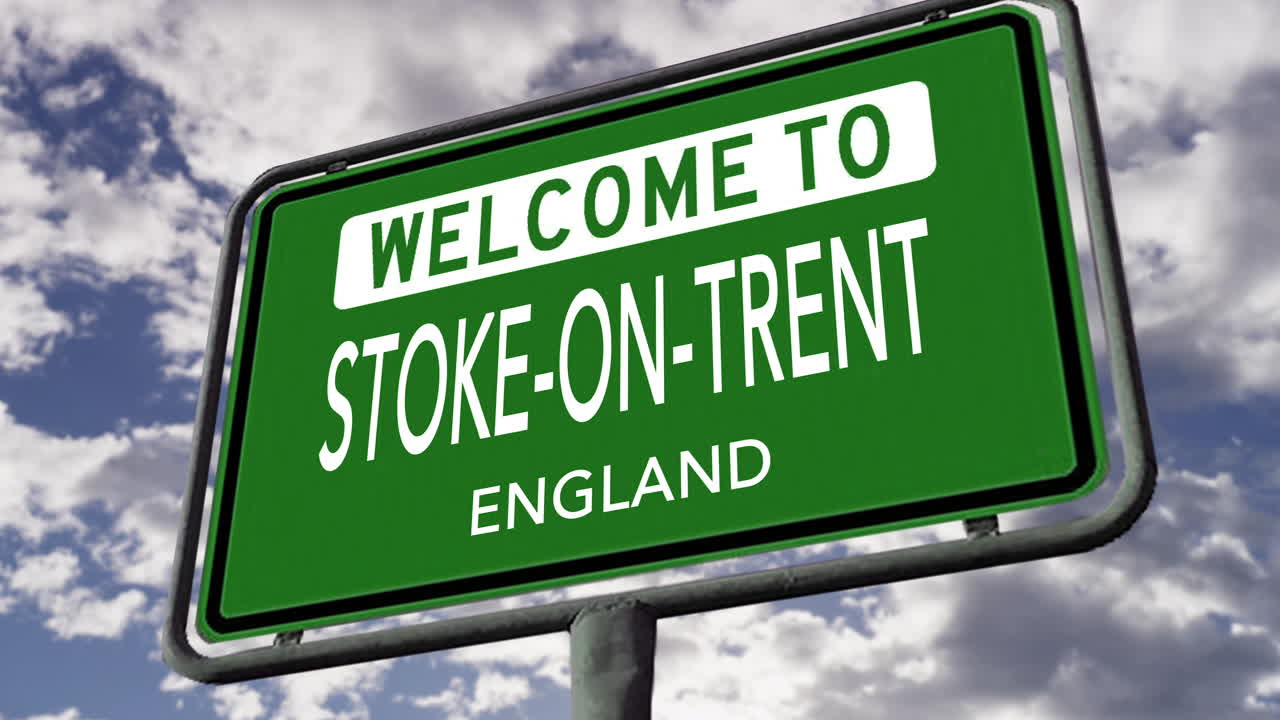 영국 스토크 온 트렌트 (stoke-on-trent) 도로 표지판, 현실적인 3d 애니메이션