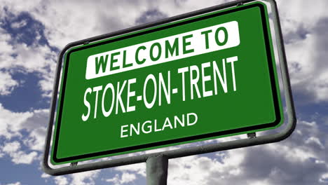 welcome to stoke-on-trent, england, uk city road sign, realistic 3d animation