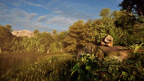 a tiger resting on a rock beside a river inside the jungle forest, with thick vegetation all around, 3d animation, animated scenery, wildlife animation, camera dolly up