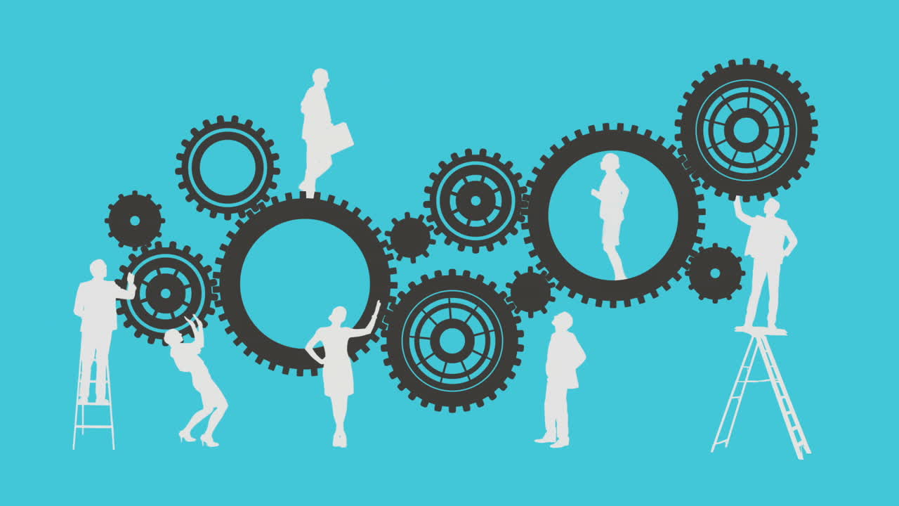 gente de negocios corriendo y girando engranajes