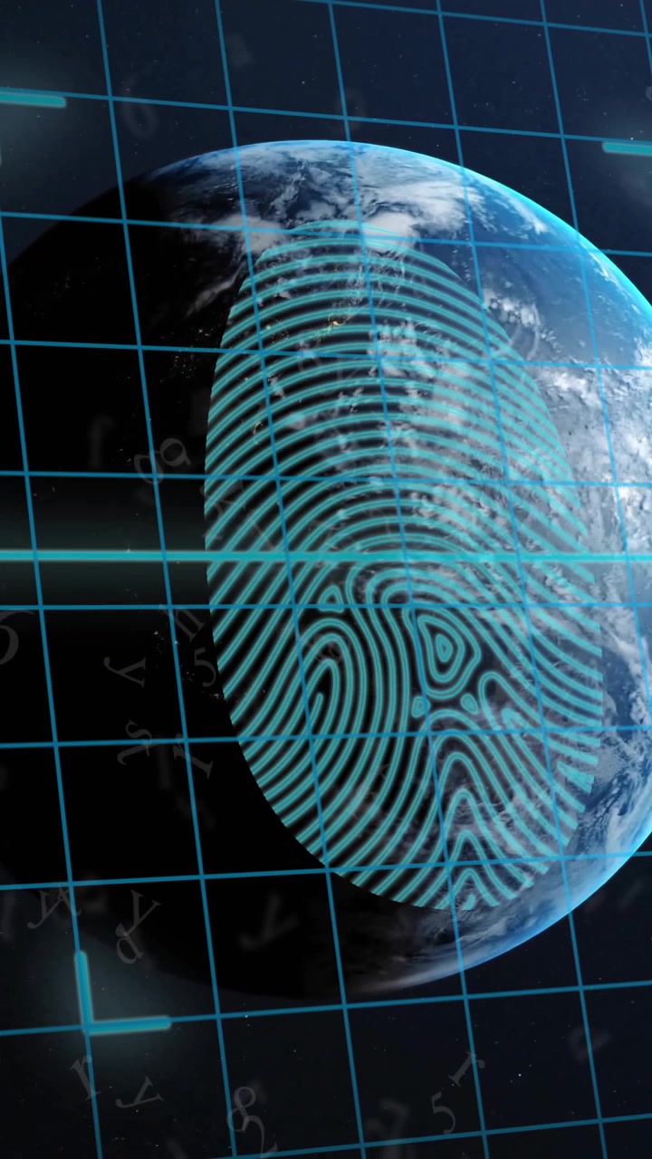 Animation of biometric fingerprint and data processing over globe