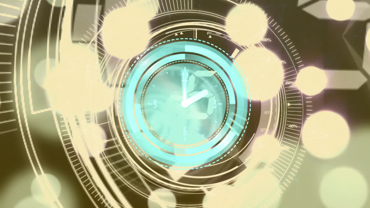 Animation of clock and glowing lights over dark background
