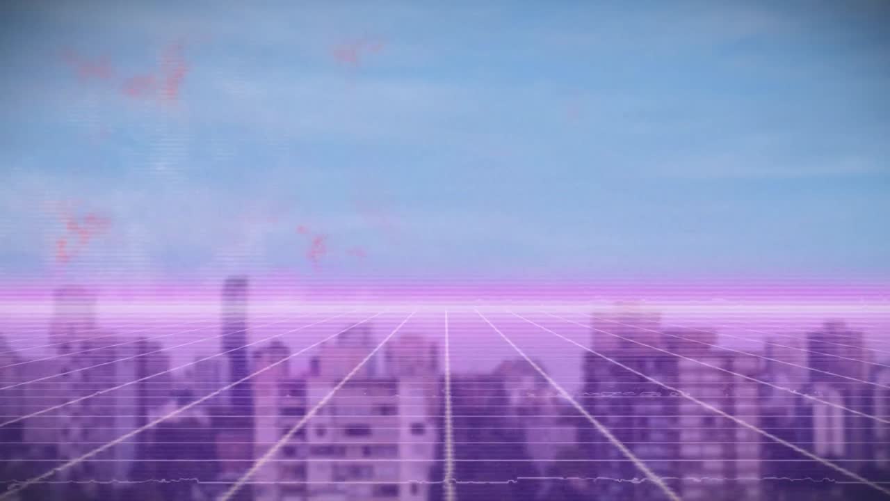 Animation of data processing over grid and cityscape