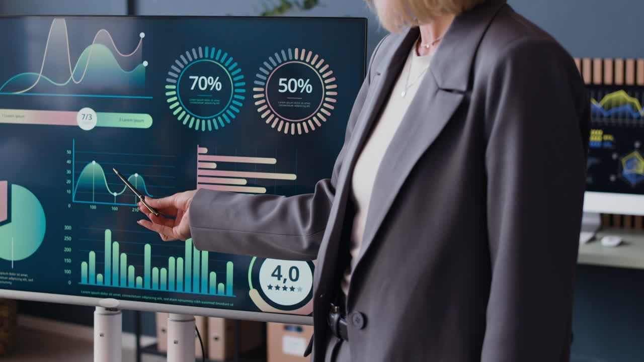 Businesswoman Presenting Data on Large Screen