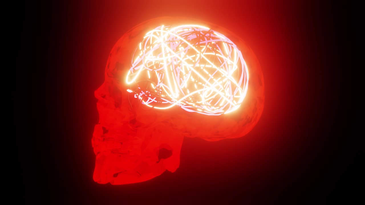 fondo o holograma de trabajo cerebral de neón del cráneo rojo