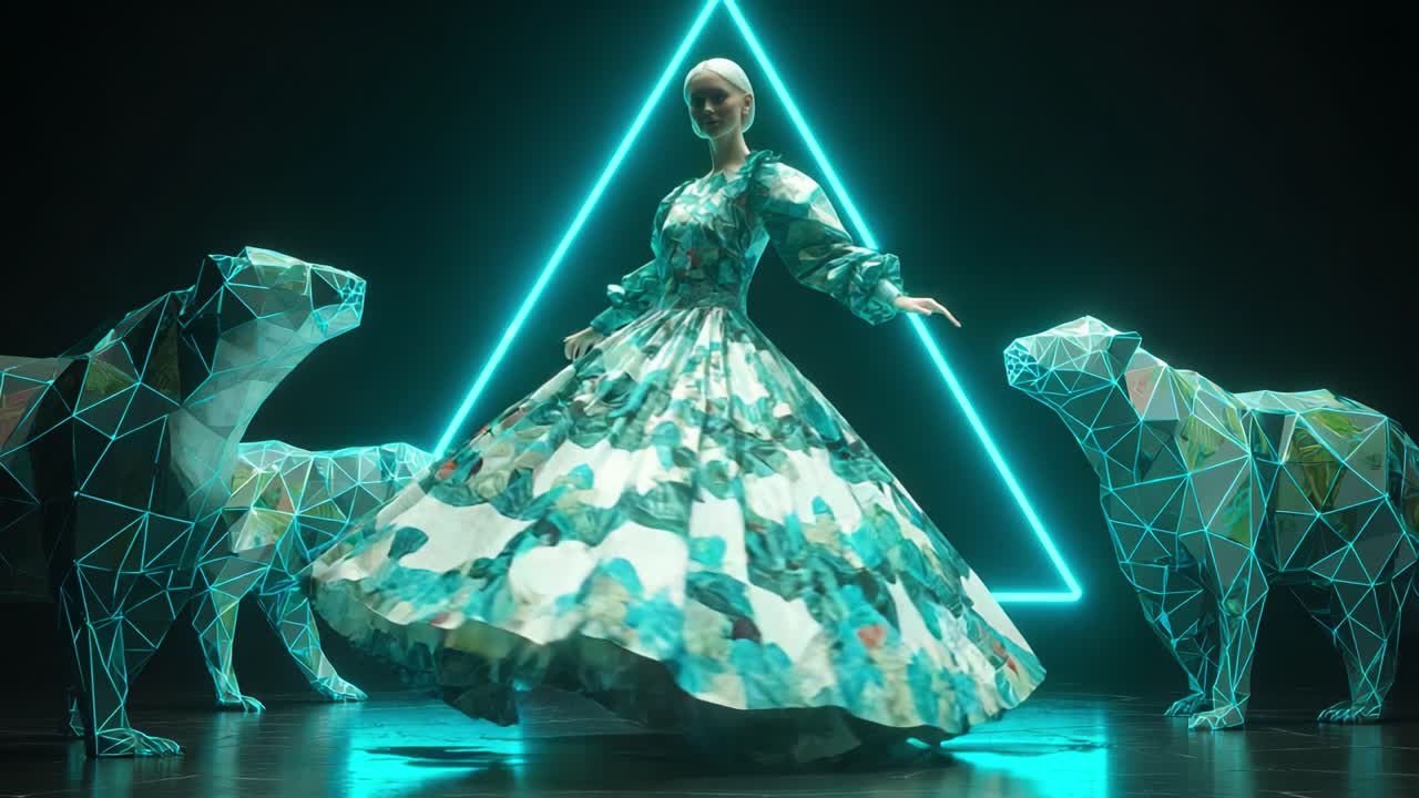 Woman in dress with digital bears and triangle
