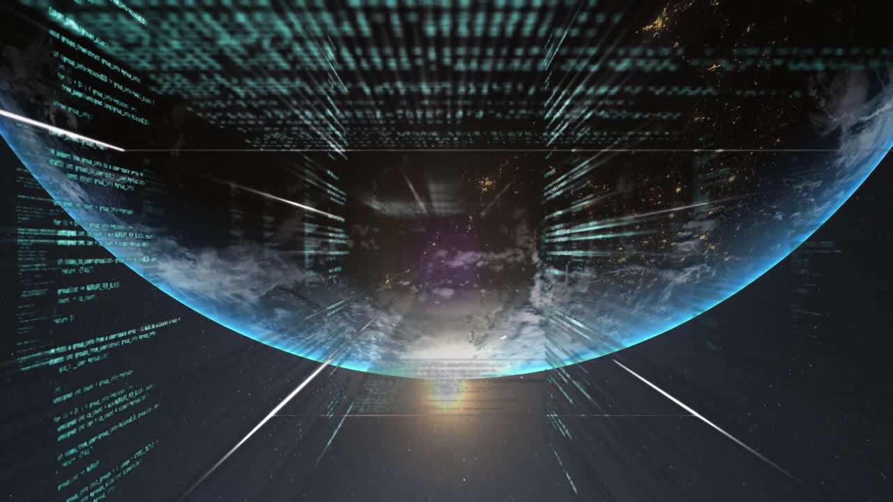 도시 풍경 위의 데이터 처리와 함께 지구의 애니메이션