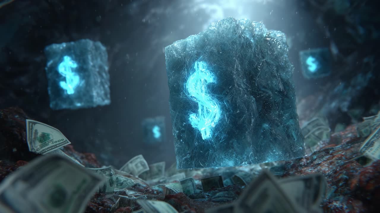 A Glimpse into a Futuristic Underwater World of Currency, Featuring Illuminated Dollar Symbols Encased in Ice Cubes Amidst a Sea of Cash and Reflections