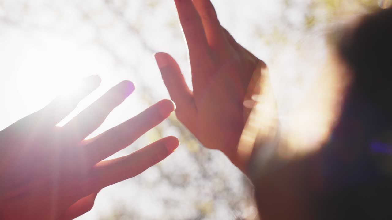 A Beautiful Moment of Connection: Delicate Hands Reaching Towards Each Other Beneath the Warm Glow of Sunlight, Symbolizing Trust, Love, and Unity in Nature