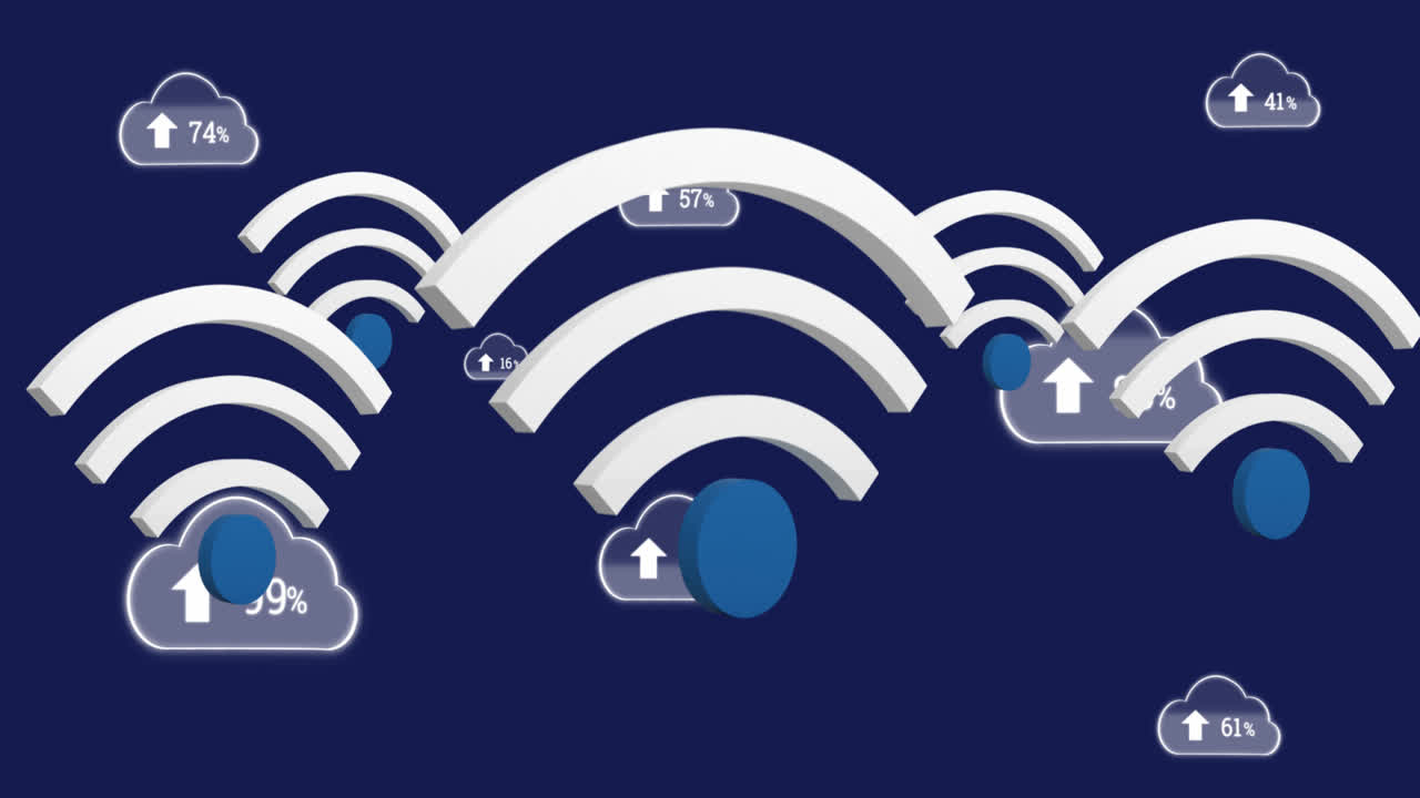 animación de iconos wifi y nubes digitales con un porcentaje creciente en fondo azul oscuro