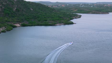 aerial rear view follows boat entering piscadera harbor willemstad curacao