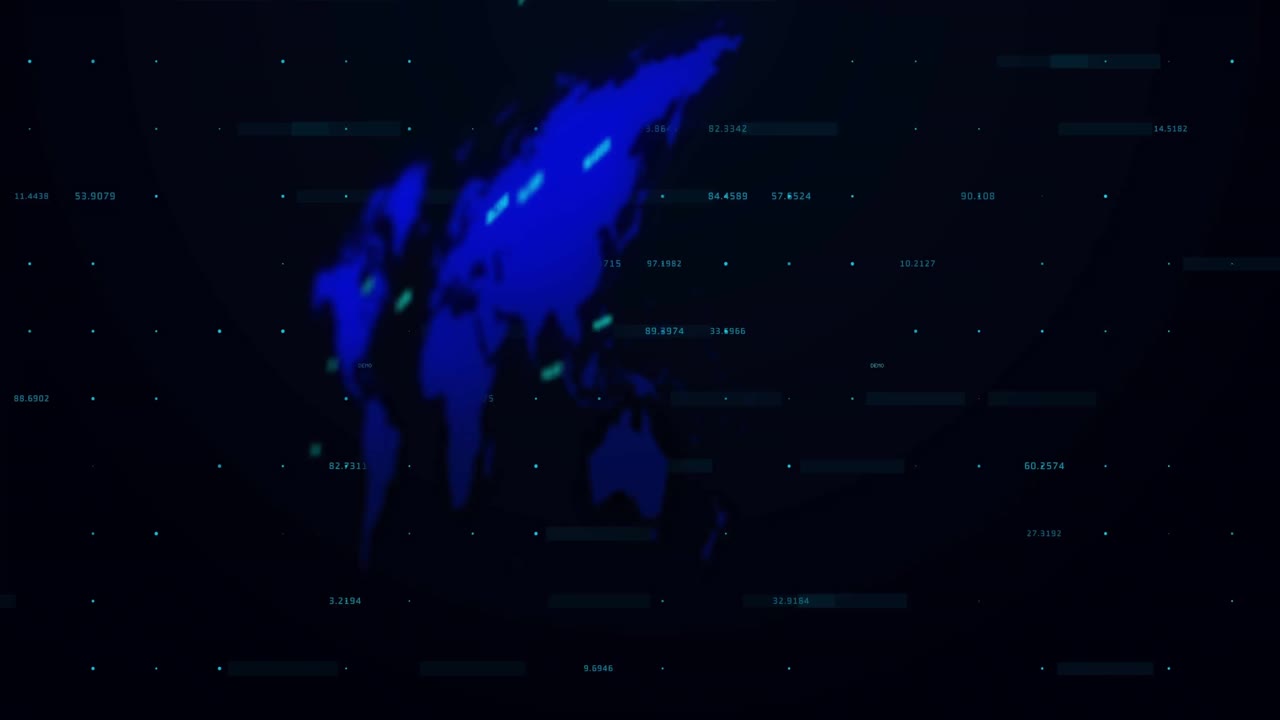 Animation of data processing and diagrams over world map on black background