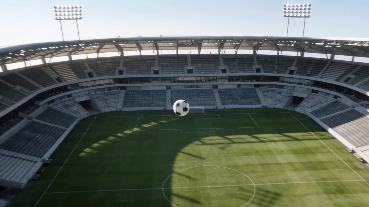 Un tiro che lancia un pallone da calcio bianco e nero che si inarca verso la porta nello stadio, entrando in rete per segnare.