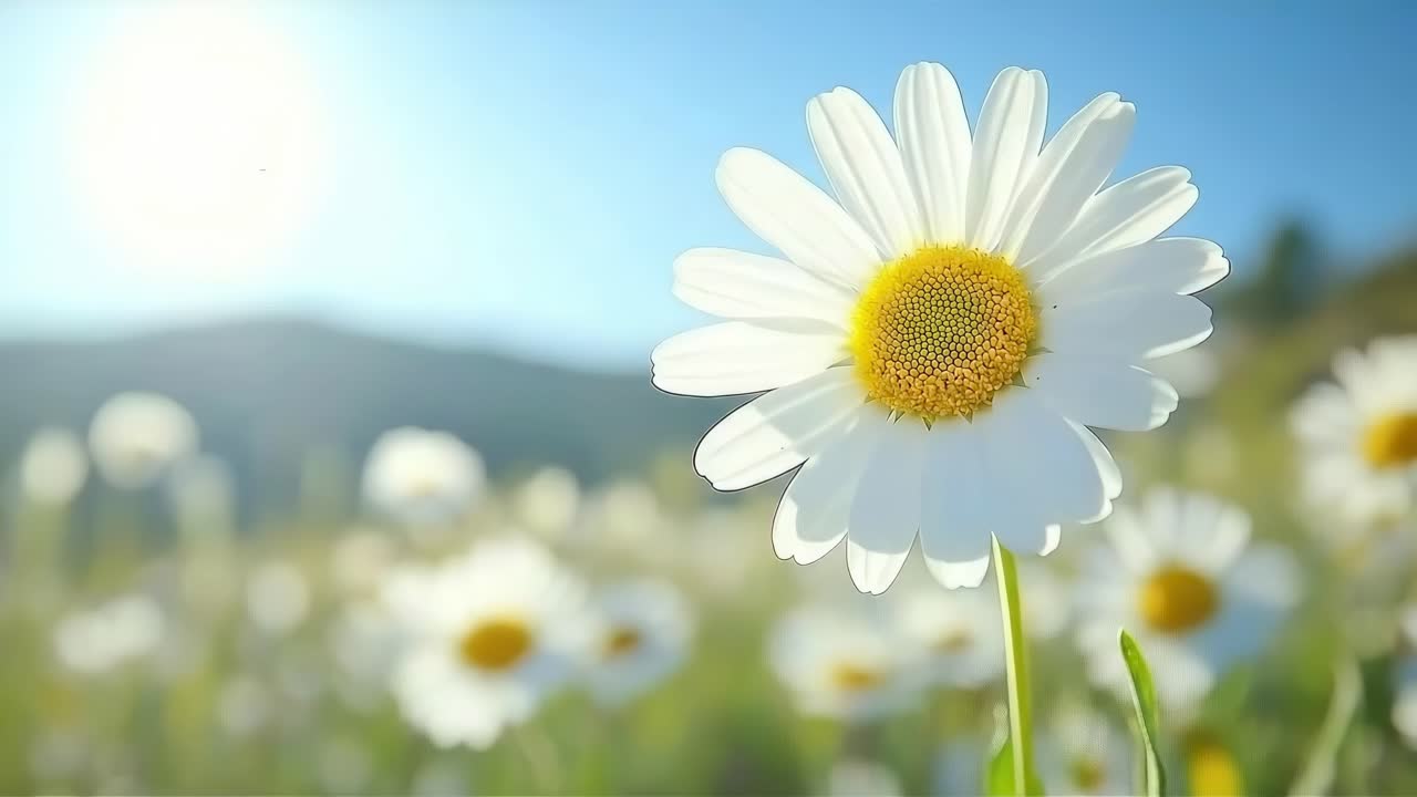 Close-up video of a daisy in a sunlit field, captured from a low angle, showcasing nature's beauty