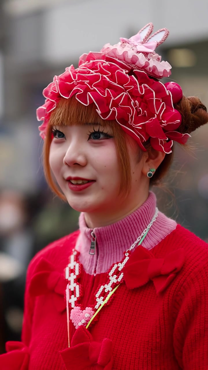 Harajuku, Tokyo, Japonya'da canlı kırmızı kazak ve özenli saç aksesuarları takan genç kadın.