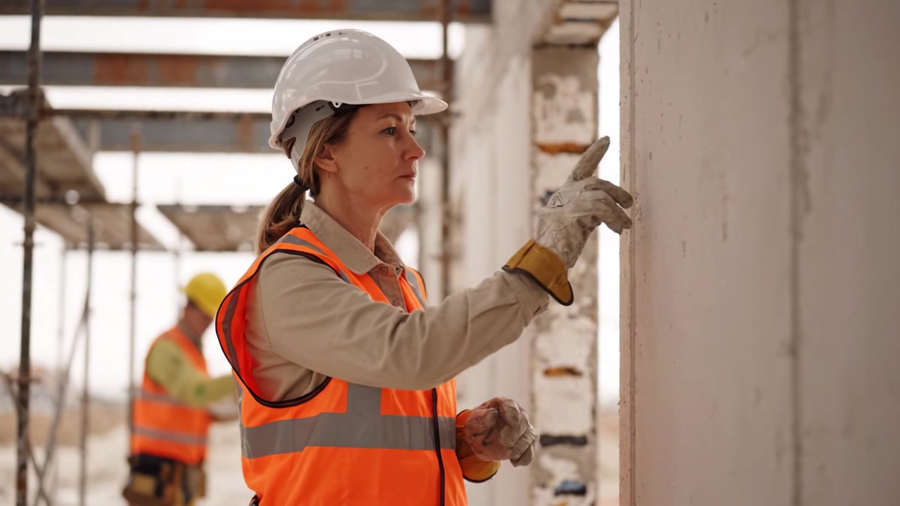 Operaio edile concentrato che ispeziona una parete interna, mostrando dedizione e abilità in un ambiente di cantiere affollato con macchinari e impalcature intorno